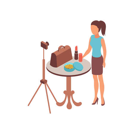 Blogger isometric composition with female character of channel author reviewing fashion accessories and cosmetic products vector illustrationのイラスト素材
