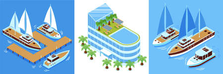 Luxury yachts sailing boats and club building isometric design concept 3d isolated vector illustrationのイラスト素材