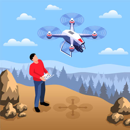 Isometric drone operator composition with wild outdoor landscape and man with remote device and flying quadcopter vector illustrationのイラスト素材