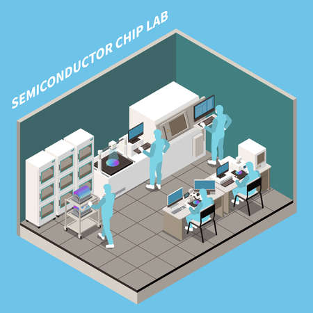 Semiconductor chip production isometric composition with text and indoor view of laboratory with workers and machinery vector illustrationのイラスト素材