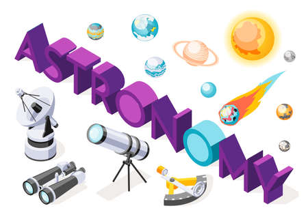 Astronomy isometric background composition of 3d text and images of planets with binocular telescope...
