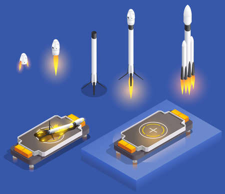Modern space program isometric composition with isolated images of launching pads and flying rockets with spacecrafts vector illustrationのイラスト素材