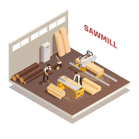 Isometric composition with two lumberjacks sawing logs at sawmill 3d vector illustrationのイラスト素材