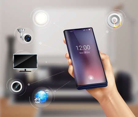 Controlling smart home security camera fire alarm doorbell with smartphone realistic fuzzy living...