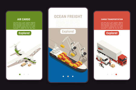 Cargo transportation 3 isometric mobile screens with air carrier ocean vessel freight trucking delivery van vector illustrationのイラスト素材