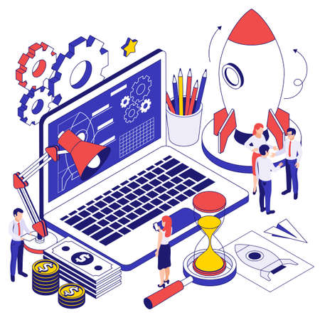 Business startup isometric design concept with hi tech program app on laptop screen rocket and gears icons vector illustrationのイラスト素材