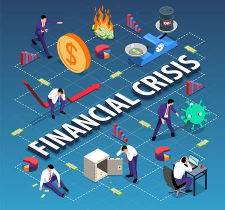 Isometric world financial crisis flowchart composition with icons of bar charts people losing money with arrows vector illustrationのイラスト素材