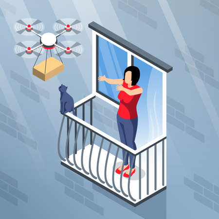 Isometric drone composition with view of building wall balcony and quadcopter delivering parcel to female recipient vector illustrationのイラスト素材