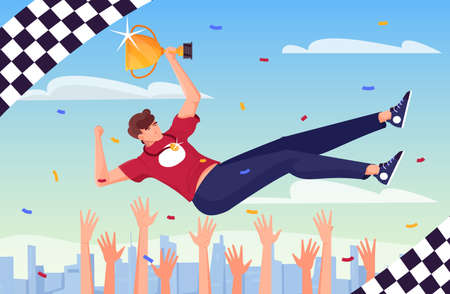 Winner thrown flat composition with checkered flags and human hands throwing happy man holding...