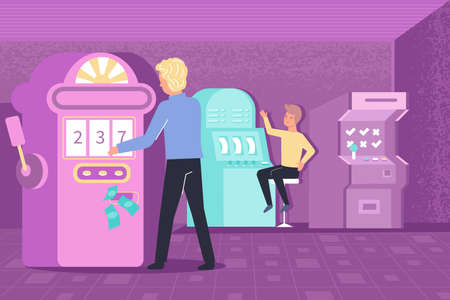 Gambling addiction composition two people sit in the casino and play slot machines vector illustrationのイラスト素材