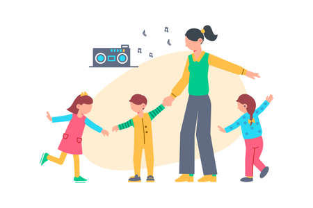 Flat composition with kindergarten nurse and children dancing vector illustrationのイラスト素材