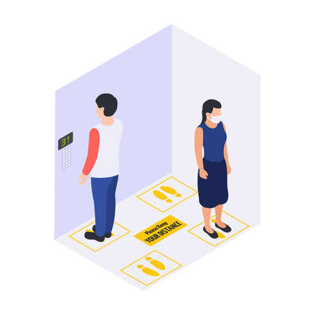 Social distancing and space for safety for people in public areas during pandemic isometric vector illustrationのイラスト素材