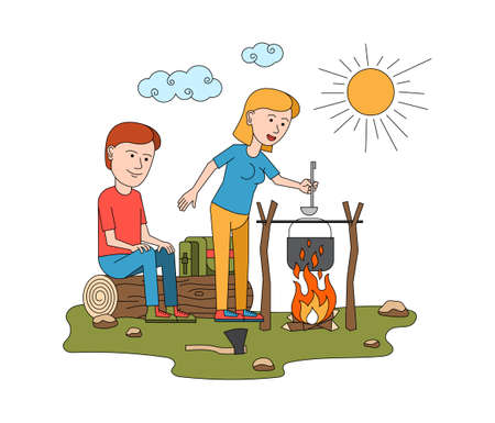 Travel vacation composition with cartoon characters of loving couple with campfire vector illustrationのイラスト素材