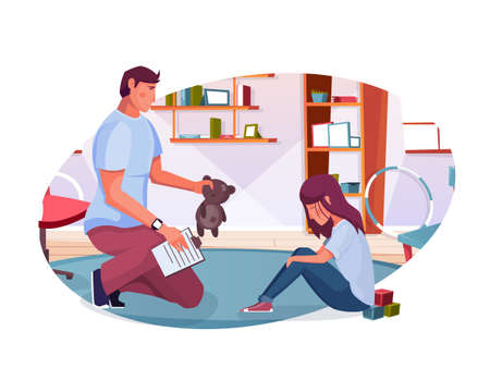 Psychology flat composition with view of living room with distracted child and psychologist vector illustrationのイラスト素材