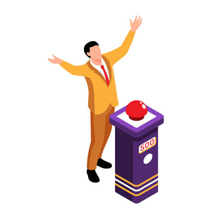Isometric tv quiz composition with character of successful person at stand with red button vector illustrationのイラスト素材