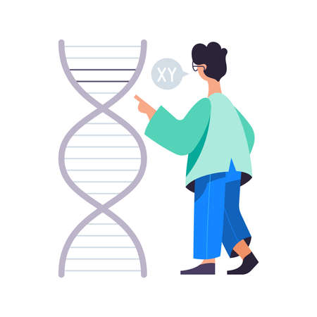 Science laboratory concept with dna and scientist character flat vector illustrationのイラスト素材