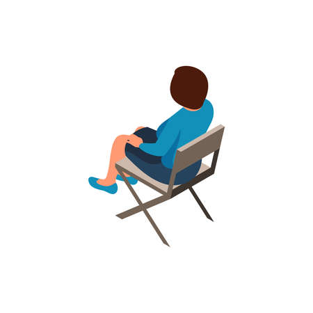 Isometric icon with woman in blue sweater sitting on folded chair 3d vector illustrationのイラスト素材