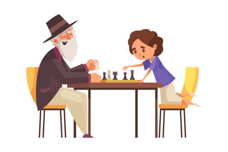People board games composition with characters of little girl and elder man playing chess vector illustrationのイラスト素材