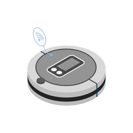 Isometric smart robot vacuum cleaner with household appliances symbols vector illustrationのイラスト素材