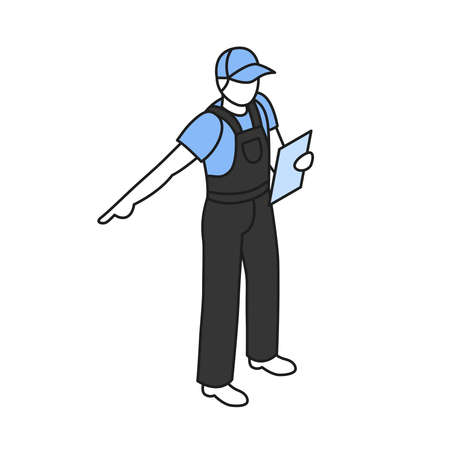 Isometric icon with male worker in cap uniform holding paper 3d vector illustrationのイラスト素材
