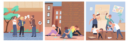 Colored Addiction Flat Icon Set. Smoking, drugs and alcohol addiction.のイラスト素材