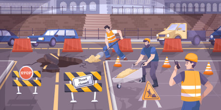 Road Construction Signs Flat Compositionのイラスト素材