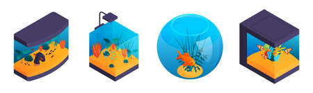 Isometric aquaruim set with four isolated aquariums of different shape with fishes and aquascaping...