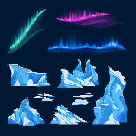 Icebergs And Northern Lights Setのイラスト素材