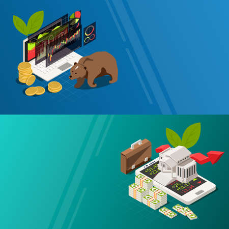 Stock Exchange Isometric Bannersのイラスト素材