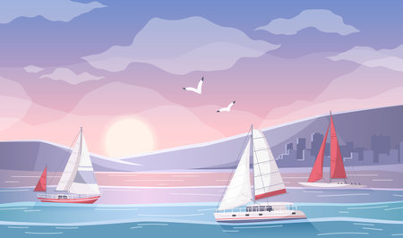 Yachting Bay Cartoon Compositionのイラスト素材