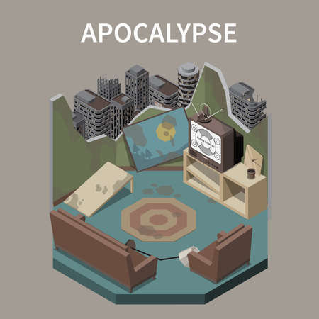 Apocalypse abstract design concept illustrated derelict room in destroyed building at city ruins background isometric vector illustrationのイラスト素材