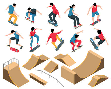 Skate park set of constructions for skateboard jumping stunts including quarter and half pipe ramps with railings and speed bumps isometric vector illustrationのイラスト素材