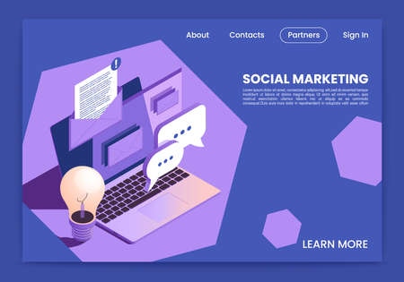 Social marketing strategy communication with your audience chat speech balloons symbols isometric webpage design background vector illustrationのイラスト素材