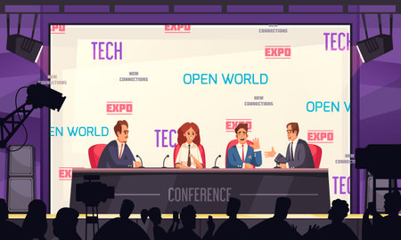 Conference hall design with press conference symbols flat vector illustrationのイラスト素材