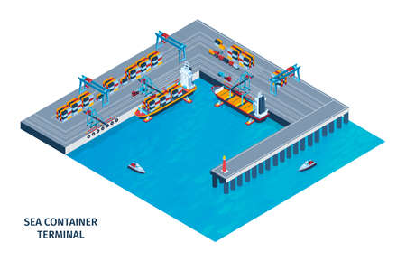 Sea Container Terminal Isometric Illustrationのイラスト素材