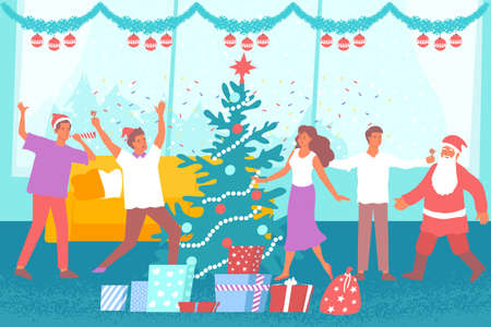 Happy people dancing around decorated tree at christmas party flat vector illustrationのイラスト素材