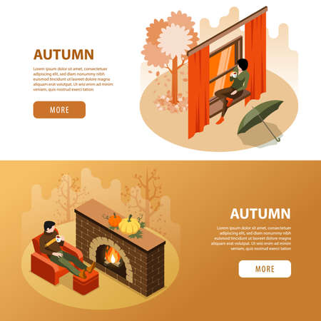 Autumn Isometric Horizontal Bannersのイラスト素材