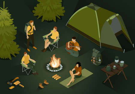 Night Camp Isometric Compositionのイラスト素材