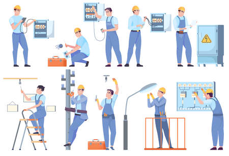 Electrician People Flat Setのイラスト素材