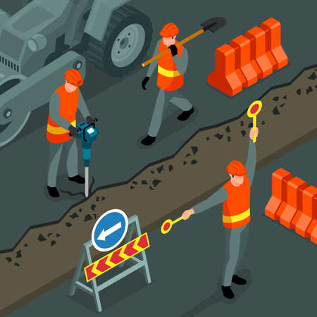 Repair Road Isometric Compositionのイラスト素材