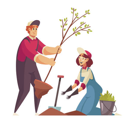 Gardeners Planting Tree Compositionのイラスト素材