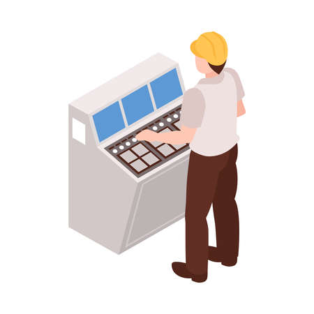 Isometric paper factory production composition with character of worker at control stand vector illustrationのイラスト素材