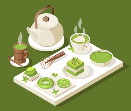 Matcha Isometric Tea Setのイラスト素材