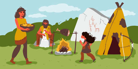 Primitive People Life Flat Illustrationのイラスト素材