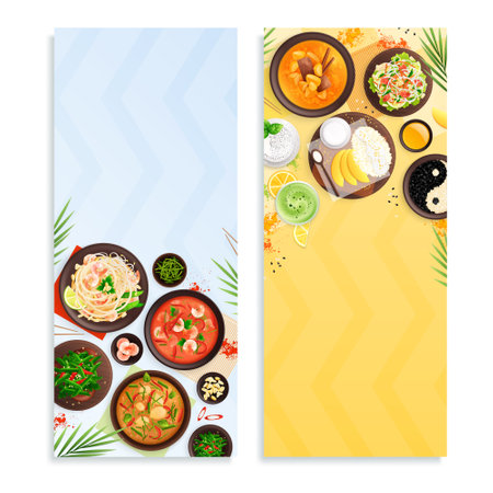 Thai Cuisine Food flat Vertical Bannersのイラスト素材