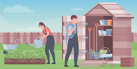 Gardeners Works Flat Compositionのイラスト素材