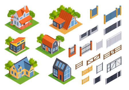 Isometric Houses and Fencesのイラスト素材