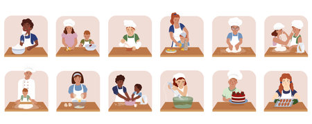 Children Cooking School Flat Iconsのイラスト素材
