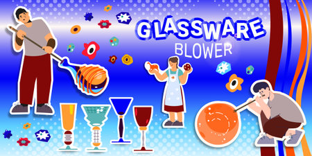 Glassware Blower Flat Collageのイラスト素材