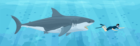 Shark Behind Diver Compositionのイラスト素材